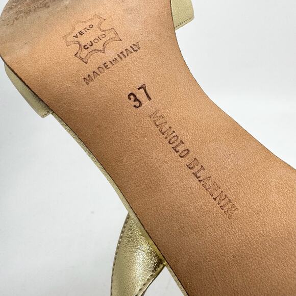 MANOLO BLAHNIK 'Callasli' Gold Metallic Leather Slingback Heels - Picture 7 of 10